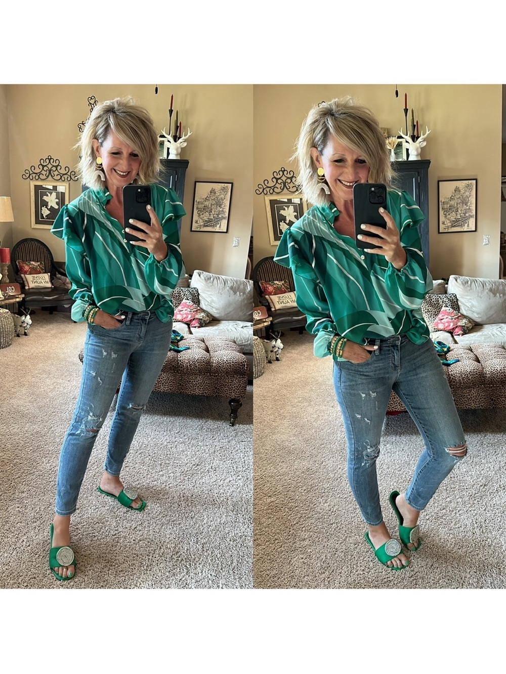 Green Patterned Ruffle-Sleeve Blouse - Women